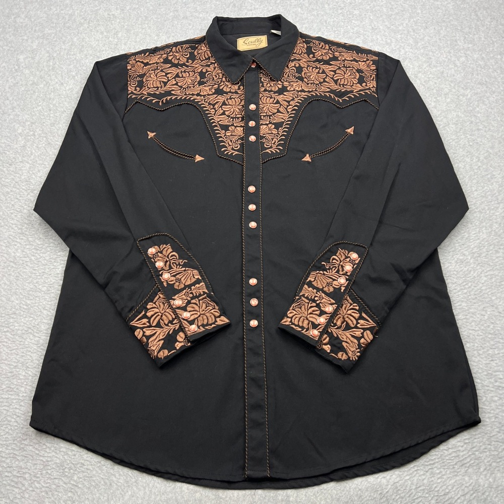 Scully Western Gunfighter Shirt Mens XL Black Floral Embroidered Pearl Snap Up